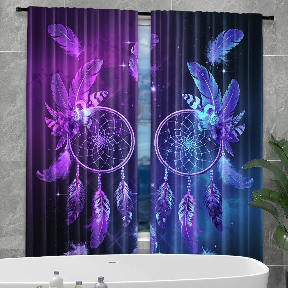Home Office Interior Design - Rideaux attrape-rêves violets, plumes, Style Boho,